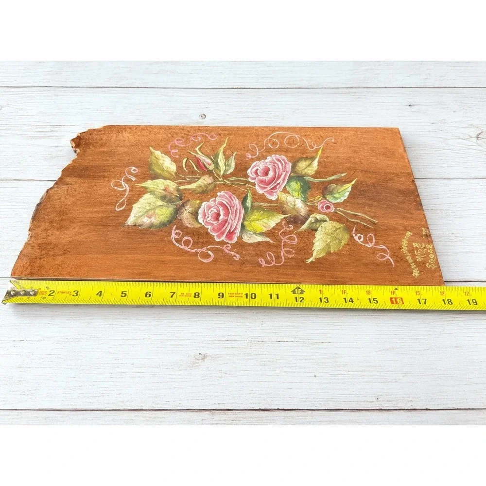 Vintage Wood Hand Painted Plaque Folk Art Rose Flower Raw Edges 1979 Signed